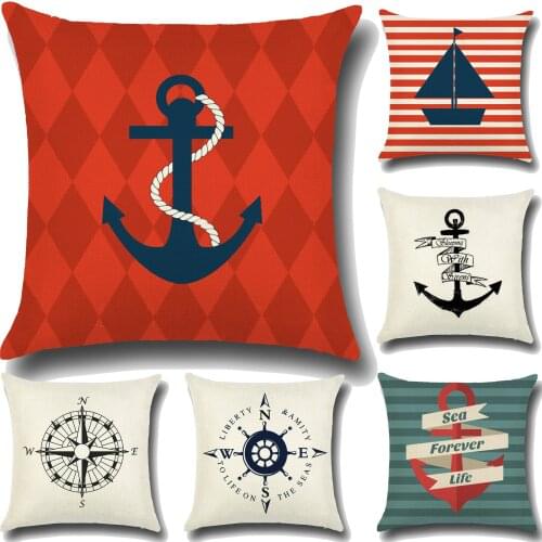 Sailing Compass Printed Cushion Cover Marine Ship Anchor Pattern Throw Pillow Case Navigation Navy Decorative Pillowcase Cojines
