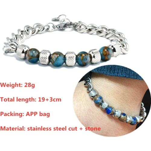 New Charm Male Leather Bracelet Stainless steel golden color stone Beads Blue Stainless Bracelets & Bangles for Men Punk Jewelry