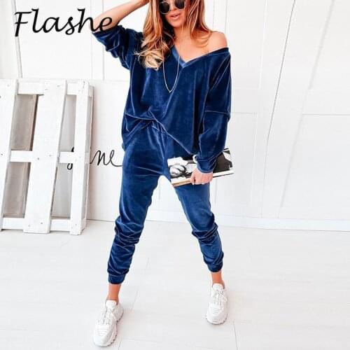 Autumn Causual Tracksuit Women Two Piece Set Velvet V Neck Pullover Pants Suits Winter 2 Piece Outfits For Women Streetwear