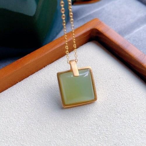 Square senior necklace pendant inlaid green semi-Precious stone pendant female classic simple gift s925 necklace