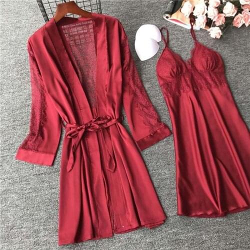Sexy Lace Trim Back Hollow Lingerie High Quality Women Silk Robe Set 2PCS Kimono Kaftan Rayon Nightgown Sleepwear Home Suit
