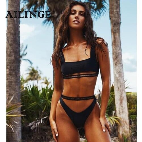 Sexy Bikinis Solid Push Up Bikini Hot Sale Padded Bra Straps High Waist Hollow Out Swimsuit Swimwear Women Biquini Swim suit