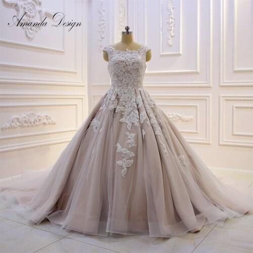 Amanda Design suknia slubna Cap Sleeve Lace Applique Champagne Turkey Wedding Dress