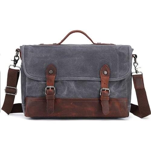 Mens Handbag Vintage Canvas Shoulder Bags For men Messenger Bag High Quality Waterproof Crazy Horse Leather Laptop bag Satchel