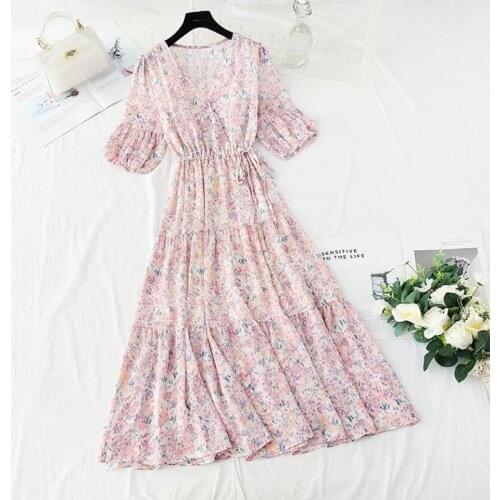 High quality Chiffon Floral Dress Women V-Neck Short Sleeve Sweet Ruffle Summer Dress 2021 New Drawstring Sundress Midi Dress