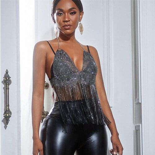 Womens Sequin Rhinestone Sexy V-Neck Camisole Tassel Backless Glitter Body Chain Tank Tops 2021 Party Nightclub Bra Accessories
