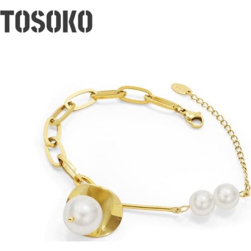 TOSOKO Stainless Steel Jewelry Imitation Pearl Bracelet Flower Splicing Link Chain Womens Sweet Bracelet BSE205