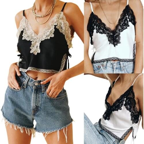 2021 New Womens Loose Crop Cami Tops, Sleeveless V Neck Lace Patchwork Side Tie Up Camisole