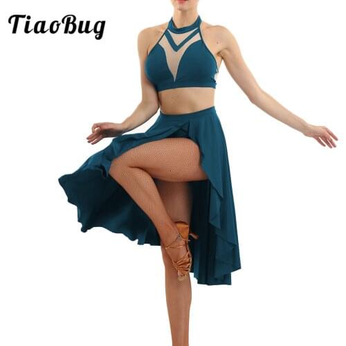 Adult Dance Set Women Asymmetric Ballet Lyrical Latin Dance Costumes Halterneck Crop Top with Leotard Skirt Stage Dancing Wear