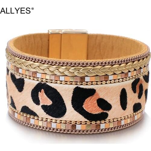 ALLYES Tiger Leopard Print Leather Horsehair Bracelets for Women Fashion 2020 Vintage Wide Wrap Bracelet Party Female Jewelry