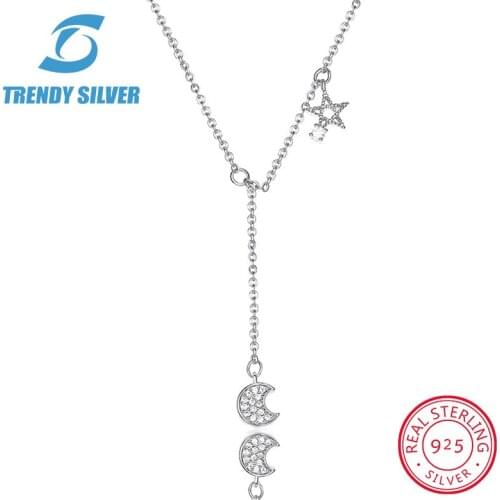 925 sterling silver necklace chain for women woman rose gold plated pendant jewelry pave CZ moon star