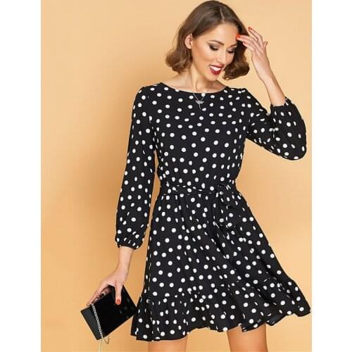 Autumn 2020 Ruffles Sashes Floral/Dot Print Dress For Women Casual Lantern Sleeve O-neck A Line Mini Dresses Famme Vestidos
