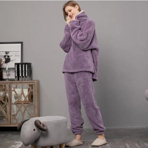 Winter Pajamas Set Women Sleepwear Warm Thicken Flannel Long Sleeve Pyjamas Mujer Purple Homewear Solid Ladies Home Suit Clothes