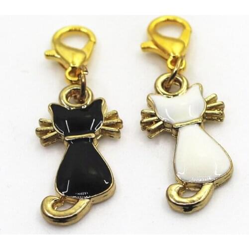 Hot Selling 10pcs Gold White And Black Cat Charms Lobster Clasp Charm For DIY Necklace Dangle Charm Findings Jewelry Accessories