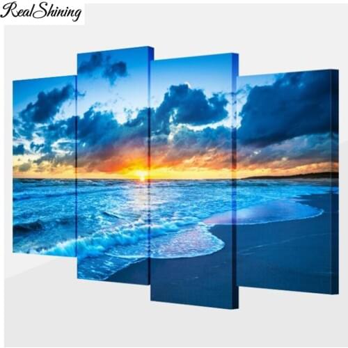 Diamond painting sea cross stitch full drill diamond embroidery mosaic rhinestones blue seascape sunset landscape 4pcs FS7221
