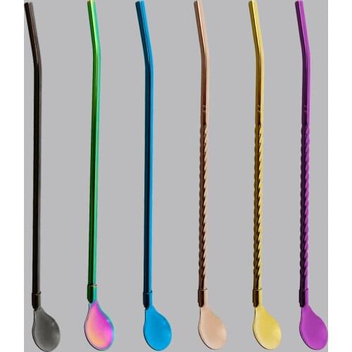 6Pcs Multicolor Mirro Stainless Steel Long Metal Drinking Straw Spoon Reusable Tea Coffee Bar Kitchen Party Drink Straws Set