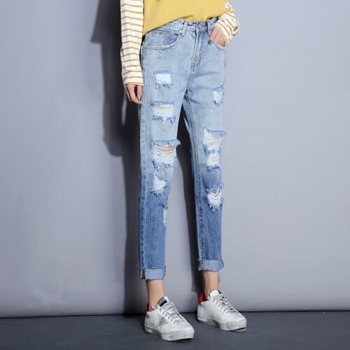 2021 Straight Jeans Womens Hole Spring Autumn New Korean High Waist Loose Thin Harlan Beggars Pants Versatile Capris