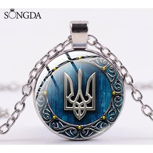 Hot Sale Tryzub Ukraine Necklace Handmade Ukrainian Symbol Glass Cabochon Pendant 5 Color Chain Necklace for Men Women