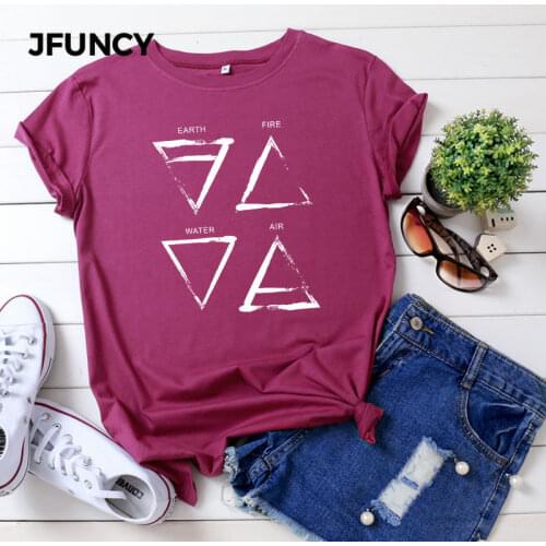 JFUNCY Plus Size T Shirts Women Funny Casual Summer Cotton T-Shirt Triangle Graphic Print O Neck Short Sleeve Female Tee Tops