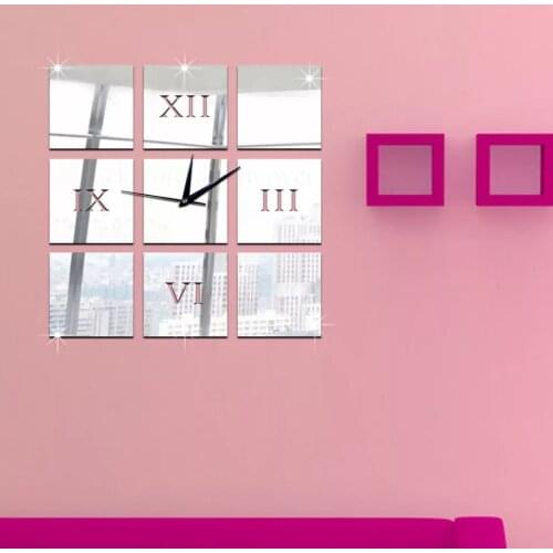 Creative Square Block Combination Wall Clocks Reflection Mirrors Wall Sticker Living Room Decor Grid Clock Watch Home Decoration