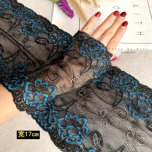 2M/lot 17cm wide retro black mix blue 2 color mixed elastic lace trim soft good touch underwear lace textile accessories X266