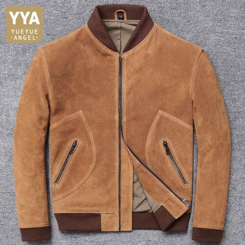 High Quality Mens Vintage Cow Suede Moto Jacket Long Sleeve Zip Casual Real Leather Outerwear 2020 Spring Military Short Coat