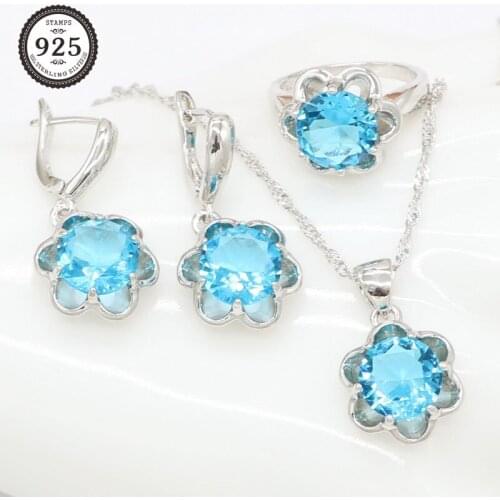 Silver Flower Blue Zircon Bridal Trendy Pendant Necklace Earring and Ring Jewelry Sets for Ladies Fashion Gift