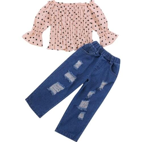 Citgeett Autumn 2-7Y Fashion Kids Girls Clothes Sets 2pcs Polka Dot Printed Off Shoulder Ruffles Sleeve Tops Denim Hole Pants