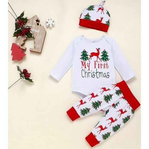 Baby Girls Boys Christmas Clothes Sets 2021 Fashion Newborn Letter Print Tops Pants Outfits With Hats Toddler Bebes Cute Costume