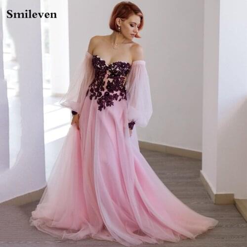 Smileven Pink Lace Formal Evening Dresses Sweetheart Neck Puff Sleeve Proom Dresses Off The Shoulder Party Gowns