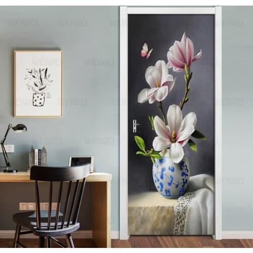 Oil Painting Magnolia Butterfly Door Stickers 3D Wallpaper Bedroom Living Room Door Decor 3D Deals PVC Self-adhesive Waterproof