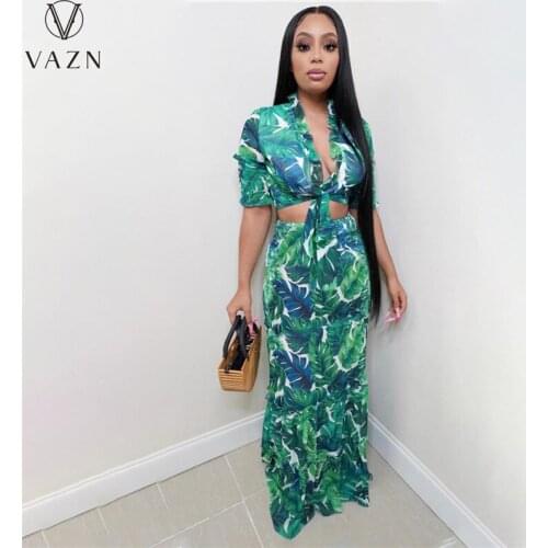 VAZN 2021 Modern Lady Vocation Beach Special V-neck 2 Piece Set Summer Women Short Sleeve Top And Maxi Skirt