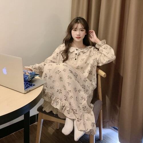 Rose Floral Spring Nightgown Korean Loose Long Sleeve Casual Vintage Sleepwear Cotton Kawaii Home Clothes Homewear Buttons