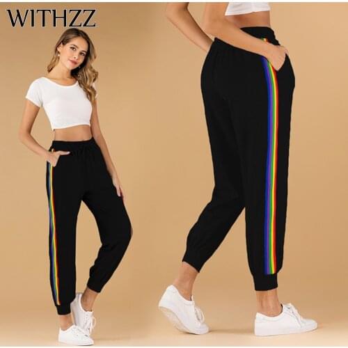 WITHZZ Spring Middle Waist Trousers Womens Loose Bottoms Rainbow Stripe Lace Up Sports Casual Pants