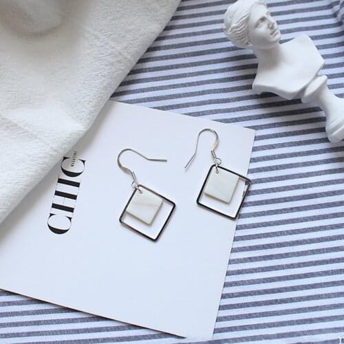 S925 silver square shell earrings female temperament long double-layer geometric short earrings summer fashion earring trend