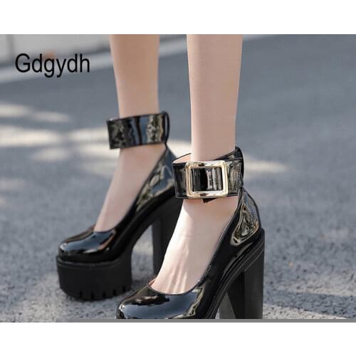 Gdgydh Fashion Metal Decoration Black Shoes For Women High Heels Catwalk Heels Patent Leather Ankle Strap Pumps Chunky Platform
