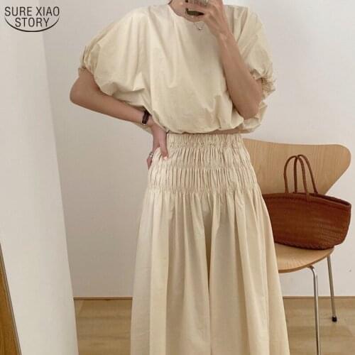 Casual Loose Summer Dress Fashion Pleated Party Dress Women Bubble Sleeves Office Lady Cotton Solid Long Dresses Vestido 13818