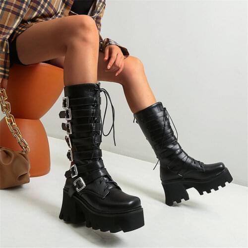 2020 Large Sizes 44 Autumn Winter Cool Fashion Street Punk Buckles Motorcycles Boots Shoes Women