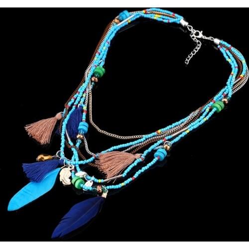 Bohemian Layers Necklaces Beads Tassel Long Ethnic Feather Statement Necklace For Women Jewelry Collar