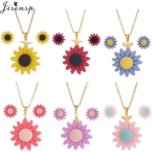 Colorful Resin You Are My Sunshine Sunflower Necklaces for Women Girls Hip Hop Jewelry Stainless Steel Chains Necklace Earrings