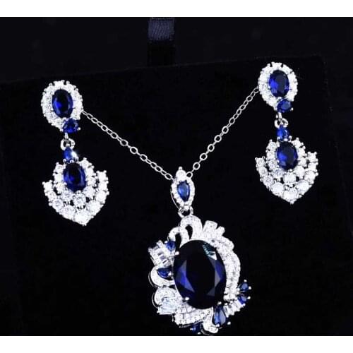 Europe America Pendant Necklace Inlay Blue Oval Crystal AAA Zircon Exquisite Geometric Stud Earrings Womens Wedding Engagement