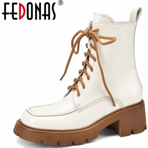FEDONAS Leisure Women Ankle Boots Square Toe Thick Heels Autumn Winter Sewing Platforms High Quality Genuine Leather Shoes Woman
