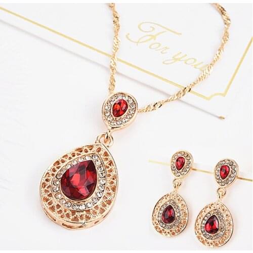 Water Drop Jewelry Sets Red Crystal Stone Necklace Earring Set for Woman Classic Wedding Party Accessories Wholesale Gifts