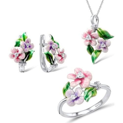 KOFSAC New Trendy 925 Silver Necklaces Earrings Rings Jewelry Set For Women Exquisite Enamel Zircon Flower Lady Anniversary Gift