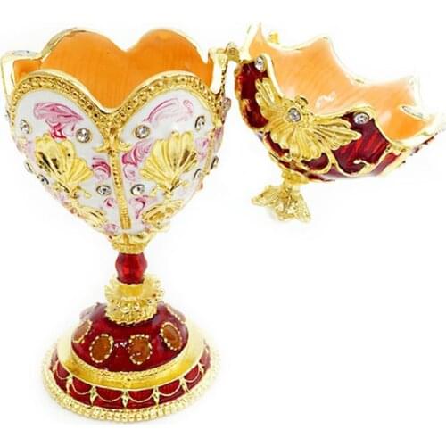 Red Gold Faberge-Egg Hand Painted Jewelry Trinket Box Gift for Easter Home Decor E15E