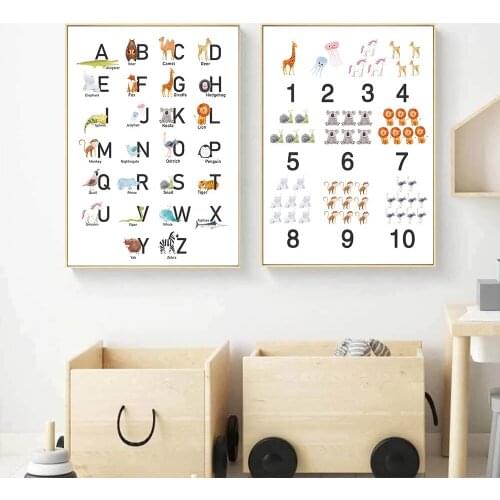 Baby Animals Alphabet Posters And Prints Number ABC Canvas Print Nursery Wall Art Painting Pictures Nordic Baby Kids Room Decor