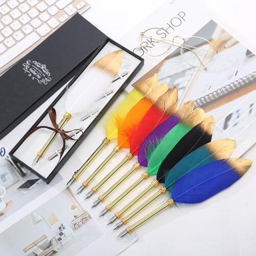 Retro Feather Dip Pen Business Signature Pens Vintage Feather Quill Dip Fountain Pen Gift Box for Birthday Teacher Party Favors