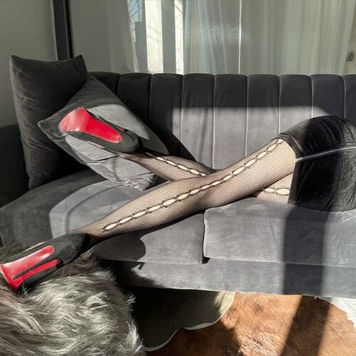 Sexy Black Fishnet Tights With Back Seam Design Small Hole Crystal Rhinestone Pantyhose for Women