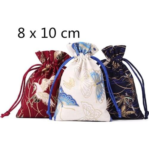 8x10cm Cute Crane Linen Small Drawstring Pouches Chinese style Mini Gift Bags For Jewelry Packaging Wedding Party Favor