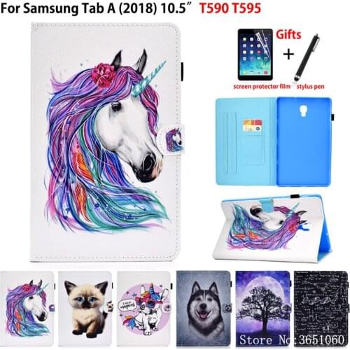 SM-T590 Case For Samsung Galaxy Tab A A2 2018 10.5" T590 T595 T597 SM-T595 Smart Cover Funda Cartoon Cat Flip Stand Shell +Gift